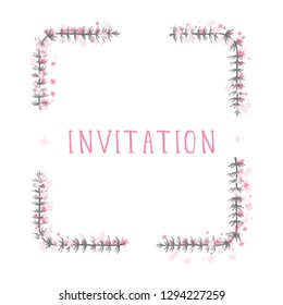 Vector hand drawn illustration of text INVITATION and floral rectangle frame on white background. 