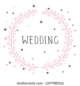 Vector hand drawn illustration of text WEDDING and floral round frame on white background. 