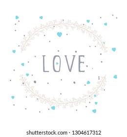 Vector hand drawn illustration of text LOVE 
and floral round frame on white background. 