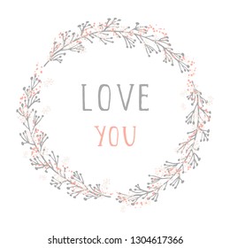 Vector hand drawn illustration of text IN LOVE and floral round frame on white background. Colorful.