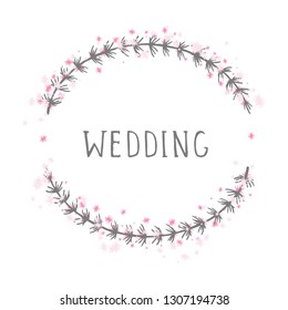 Vector hand drawn illustration of text WEDDING and floral round frame on white background. 