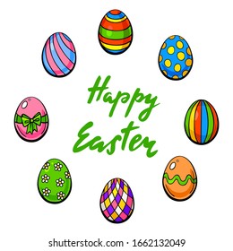 Vector hand drawn illustration of the text Happy easter and eggs isolated on white background. Hand drawn lettering with eggs set. Vector letters in vintage style of easter for design.