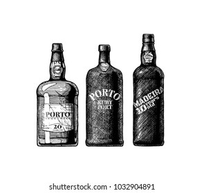 Vector hand drawn illustration of three port and Madeira wine bottles in vintage engraved style.