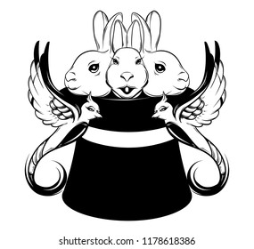 Vector hand drawn illustration three rabbits in top hat and birds isolated  Creative tattoo artwork  Template for card  poster  banner  print for t  shirt  pin  badge  patch 