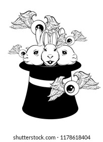 Vector hand drawn illustration three rabbits in top hat and flying human eyes isolated  Creative tattoo artwork  Template for card  poster  banner  print for t  shirt  pin  badge  patch 