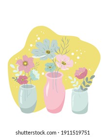 vector hand drawn illustration - three vases with beautiful flowers. a picture on the theme of floristry, flower art. trandy flat illustration for websites, magazines, applications