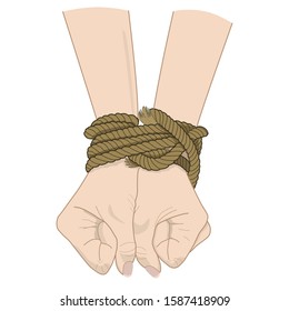 Vector hand drawn illustration of tied hands with a rope isolated on white background. Hopelessness concept