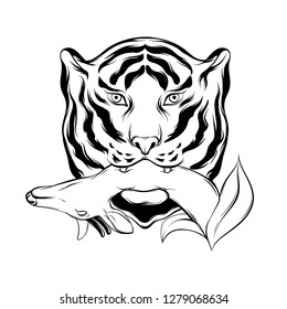 Vector hand drawn illustration of tiger with deer in his mouth isolated. Creative tattoo artwork. Template for card, poster. banner, print for t-shirt, pin, badge, patch.