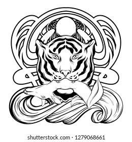 Vector hand drawn illustration of tiger with deer in his mouth isolated. Creative tattoo artwork with ornate frame. Template for card, poster. banner, print for t-shirt, pin, badge, patch.