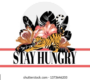 Vector hand drawn illustration of tiger with flowers isolated. Template for card, poster. banner, print for t-shirt, pin, badge, patch.