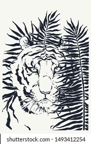 Vector hand drawn illustration of tiger hidden in palm leaves. Black and white ink sketch of wild animal on floral background.