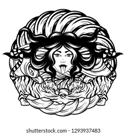Vector hand drawn illustration of tigers and pretty girl with elements . Surrealistic tattoo artwork. Template for card, poster. banner, print for t-shirt, pin, badge, patch.
