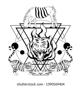 Vector hand drawn illustration of tigers with surreal horse and triangles isolated. Creative tattoo artwork. Template for card, poster. banner, print for t-shirt, pin, badge, patch.