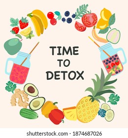 Vector hand drawn illustration TIME TO DETOX Fitness and weight loss concept.  Friuts and vegetables Flat style design for banner, card, poster for healthy lifestyle concept. 