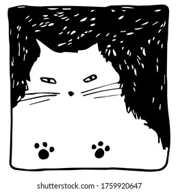 Vector hand drawn illustration of a tired white cat on black background. Isolated black and white design. Perfect for stickers, tattoos, home decorations, stationary, badges, packages.