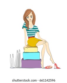 Vector hand drawn illustration of a tired girl after shopping sitting on packs with bags. Colorful image of a beautiful girl on white background.
