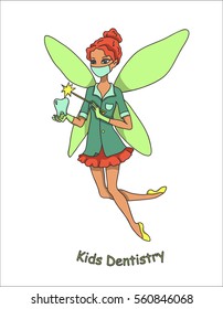 Vector hand drawn illustration. A tooth fairy-dentist