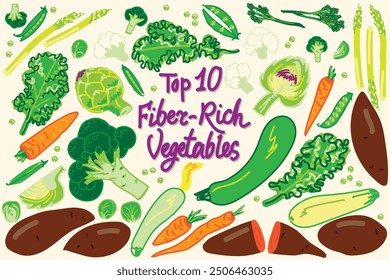 Vector dibujado a mano ilustración de las 10 verduras más ricas en fibra