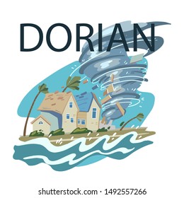 Vector hand drawn illustration “Dorian” with tornado, houses, water waves and palm trees. Isolated on white.