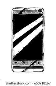 Vector hand drawn illustration of touchscreen smartphone in vintage engraved style. isolated on white background. 