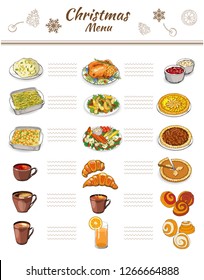 Vector hand drawn illustration of traditional Christmas dishes isolated on white background. Holiday Classic New Year eating. Christmas menu. Winter restaurant and cafe sketch