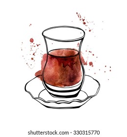 Vector hand drawn illustration of traditional turkish tea in an authentic turkish glass named bardak. Black outlines and watercolor stains and drips. Isolated object on white background.