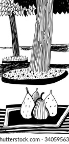 Vector hand drawn illustration with  trees an? pears. Black and white ink sketch. 