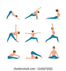 Vector hand drawn illustration in trendy flat style of woman doing yoga. Set of yoga poses. Simple asana demonstration. Use for web, print, apps.