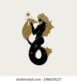 Vector hand drawn illustration of triton. Creative artwork with portrait of mermaid. Template for card, poster, banner, print for t-shirt, pin, badge, patch.