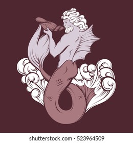 Vector hand drawn illustration of triton in realistic line style with waves and shell. Mythology artwork. Template for card poster banner print for t-shirt.