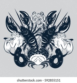 Vector hand drawn illustration of triton , lobster,  crab in realistic line style. Mythology artwork. Tattoo art with symmetric composition. Template for card poster banner print for t-shirt.