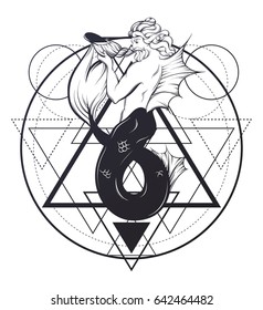 Vector hand drawn illustration of triton in realistic line style. Geometrical composition.  Mythology artwork. Template for card poster banner, print for t-shirt.