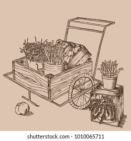 Vector Hand Drawn Illustration: Trolley With Pumpkins And Flowers On Light Background