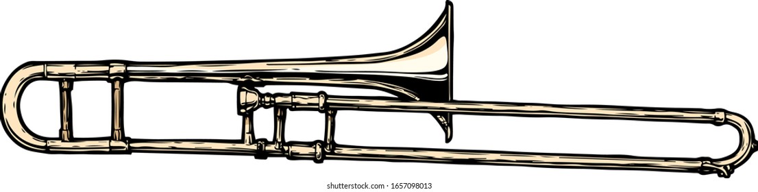 Vector hand drawn illustration of trombone. Isolated on white.