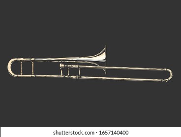 Vector hand drawn illustration of trombone. Isolated on black.