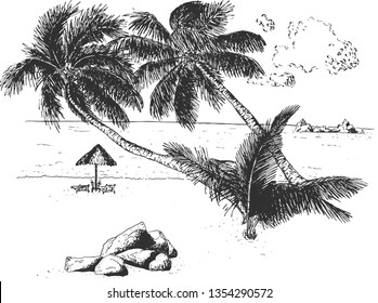 Vector dibujado a mano ilustración de paisaje marino tropical con palmeras, piedras y dos tumbonas bajo dosel cerca del océano en la arena con el cielo nublado en estilo vintage grabado. Aislado en el fondo blanco