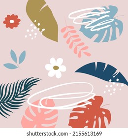 Vector hand drawn illustration with tropical leaves, dots, flowers and doodles. Trendy wallpapers, textiles.