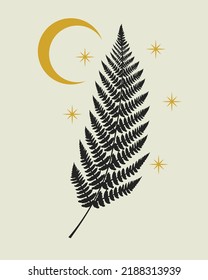 Vector hand drawn illustration of tropical fern leaf with moon and stars. Boho mystical celestial clipart.