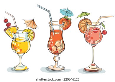 Vector hand drawn illustration of tropical cocktail.