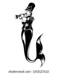 Vector hand drawn illustration of trumpeter with mermaid 's tail . Creative tattoo artwork. Template for card, poster, banner, print for t-shirt, pin, badge, patch.