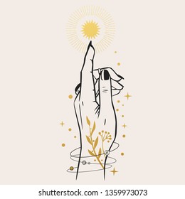 Vector hand drawn illustration for t-shirt prints, temporary tattoos and other designs. Female hand in bracelets with planets