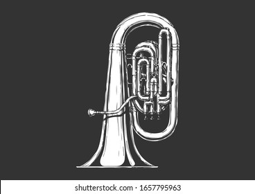 Vector hand drawn illustration of tuba. Isolated on black.