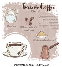 vector hand drawn illustration of turkish coffee recipe with list of ingredients