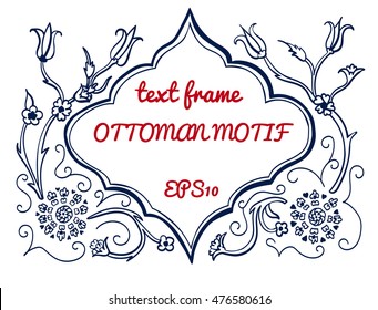 Vector hand drawn illustration with turkish tulips and eastern ornament with text frame in ottoman style. Red and dark blue hand drawn elements on white background with place for your text.