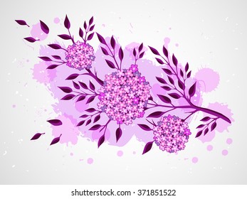 Vector hand drawn illustration with twig and flowers on textured watercolor background. In violet colors.