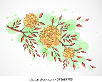 Vector hand drawn illustration with twig and flowers on textured watercolor background. In orange, yellow and green colors.