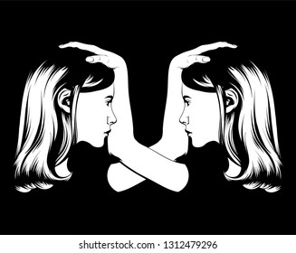 Vector hand drawn illustration of twins isolated. Creative tattoo artwork. Template for card, poster. banner, print for t-shirt, pin, badge, patch.