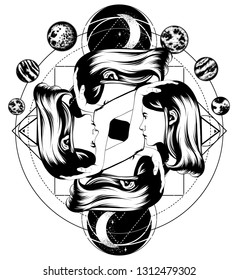 Vector hand drawn illustration of twins with planets isolated. Surrealistic tattoo artwork. Template for card, poster. banner, print for t-shirt, pin, badge, patch.