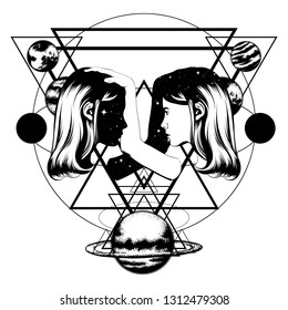 Vector hand drawn illustration of twins with planets isolated. Surrealistic tattoo artwork. Template for card, poster. banner, print for t-shirt, pin, badge, patch.
