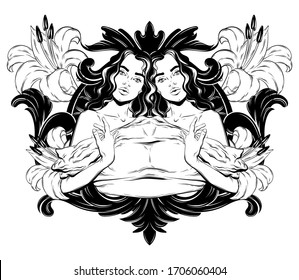 Vector hand drawn illustration of twins with baroque frame and lily isolated.  Creative tattoo artwork. Template for card, poster, banner, print for t-shirt, pin, badge, patch, coloring books.